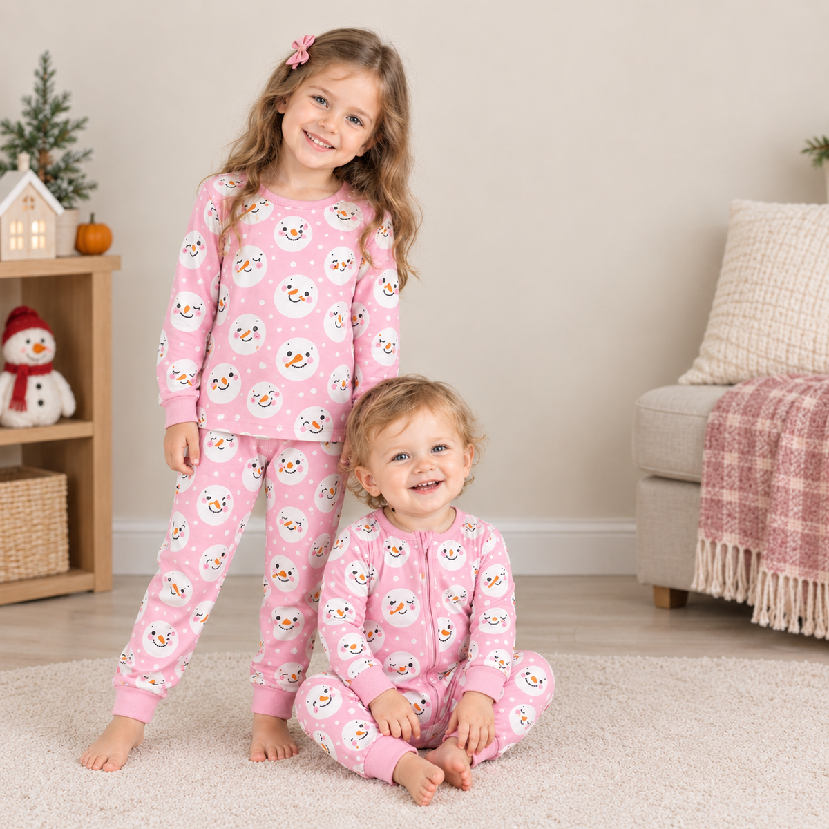 Sibling milk silk Baby Girls Pink Snowman Print Long Sleeve Pajama Set Zipper Romper Blanket