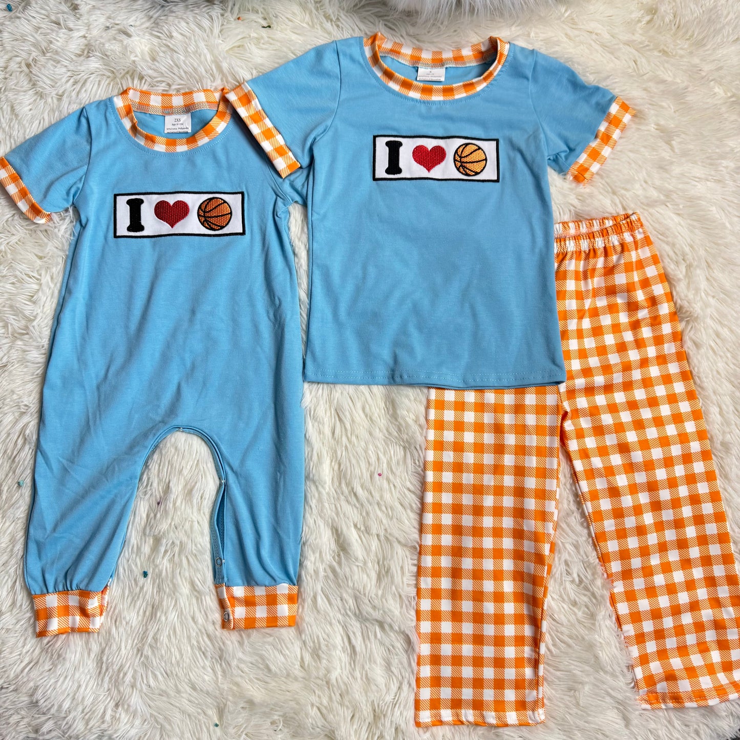 12.22 RTS Sibling Baby Boys Embroidery I Love Balls Top Checked Pants Team Clothes Set Footie Rompers