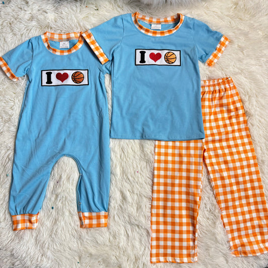 12.22 RTS Sibling Baby Boys Embroidery I Love Balls Top Checked Pants Team Clothes Set Footie Rompers