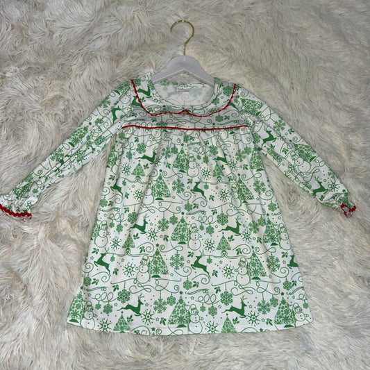 11.26 RST GLD1345 Baby Girls Green Deer Snowmen Christmas Knee Length Dresses