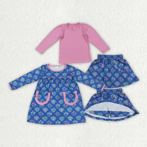 9.20 RTS Sibling Baby Girls Pink Shirts Blue Floral Pockets Skorts Clothes Set Knee Length Dresses