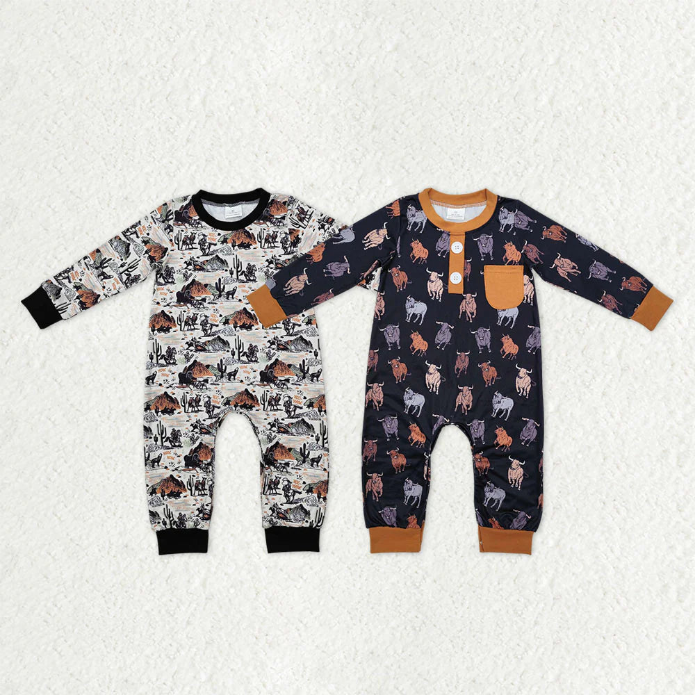 12.16 RTS Sibling Baby Boys Long Sleeve Horse Rodeos Cows Western Rompers