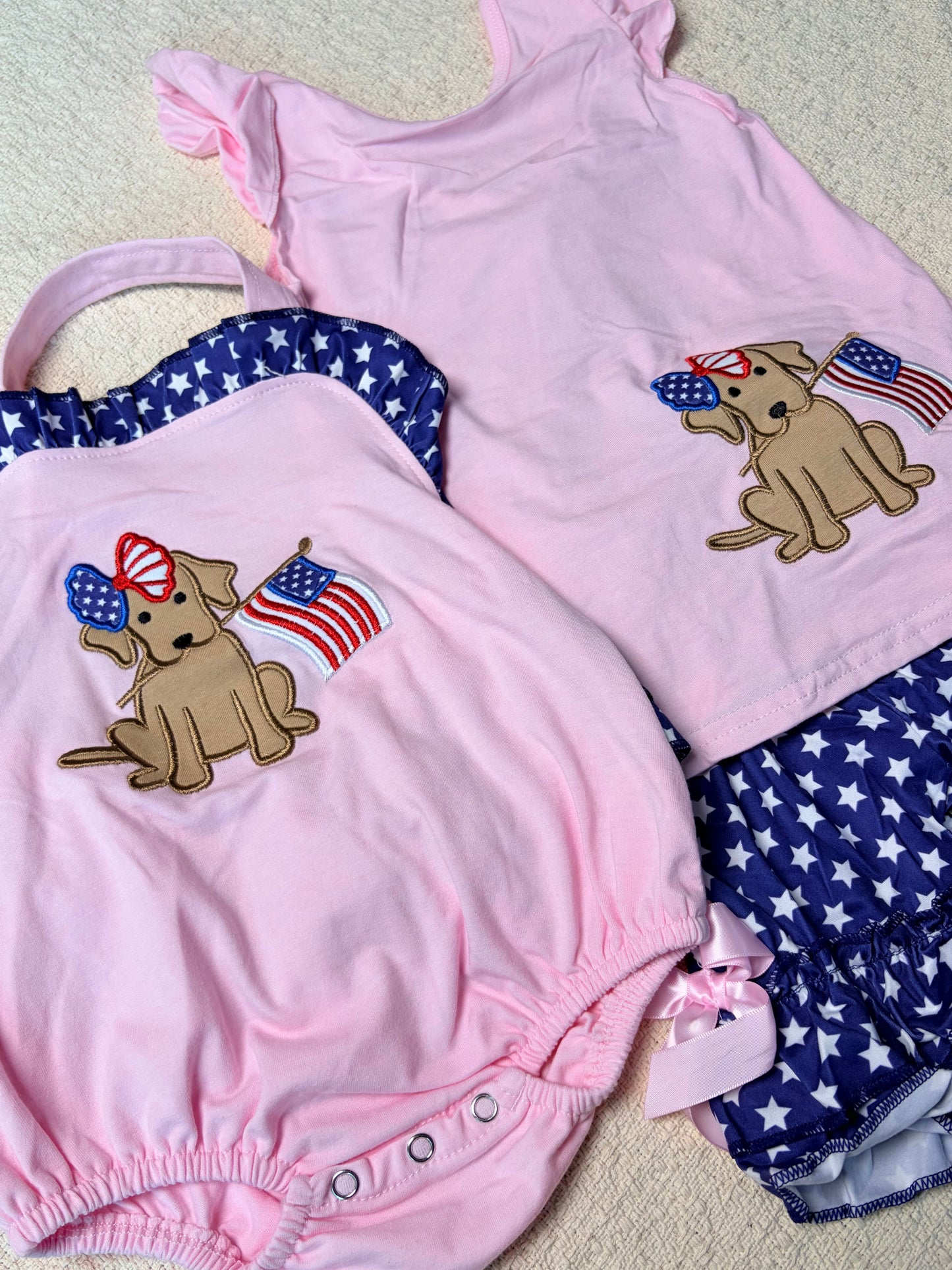 0430 RTS Sibling Dog flag embroidery backless bow kids 4th of july clothes and romper