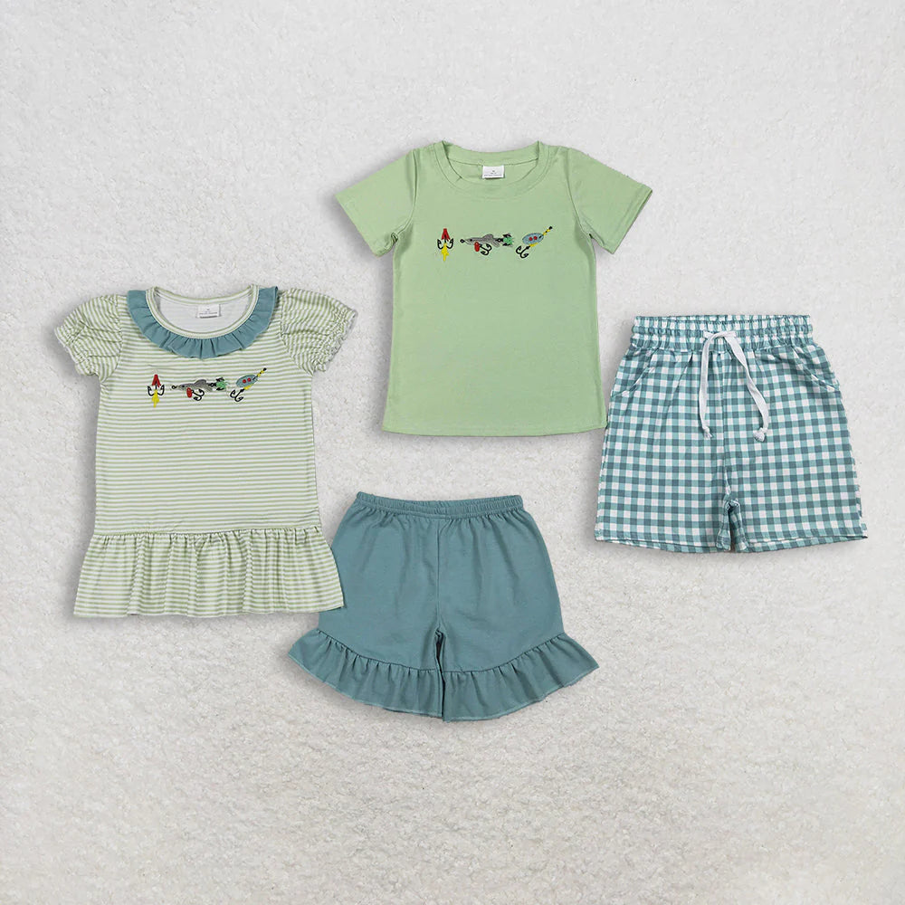 12.23 RTS Sibling Baby Boys Girls Embroidery Fishing Top Shorts Hunting Clothes Sets