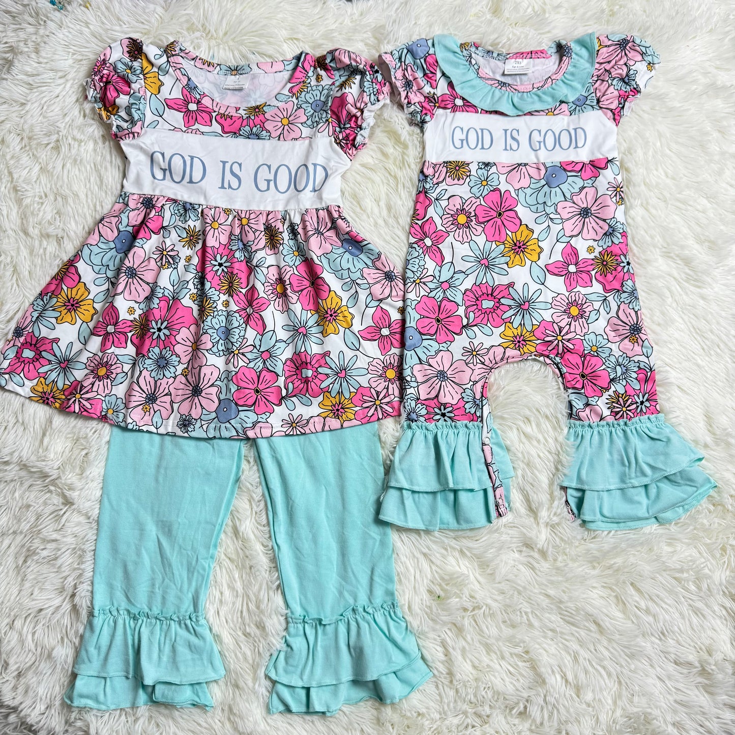 12.20 RTS Baby Girls God Is Good Sibling Rompers Clothes Outfits Sets