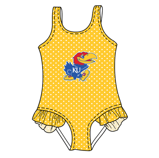 CUSTOM MOQ 5 Cute Comfortable Clothing For Kids Baby Girls Yellow Polka Dots Ruffle Team One Piece Swimsuits