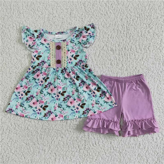 Floral purple ruffles shorts set