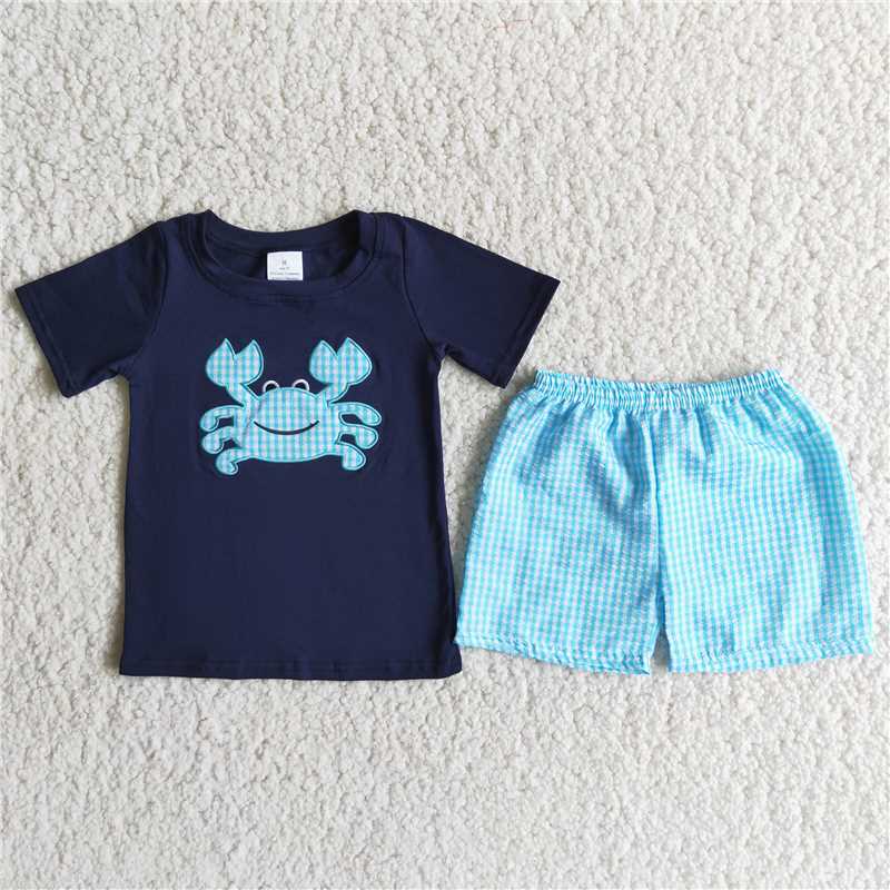 A16-14 Sales New RTS No Moq Promotion baby boys Navy crab lattice outfits