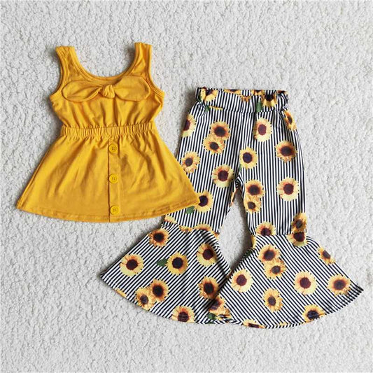 C16-4 Yellow strap top with sunflower stripes and flared pants set