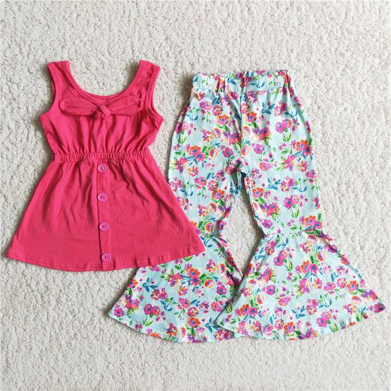 A18-11 Rose red double shoulder top with flowery wide flared pants