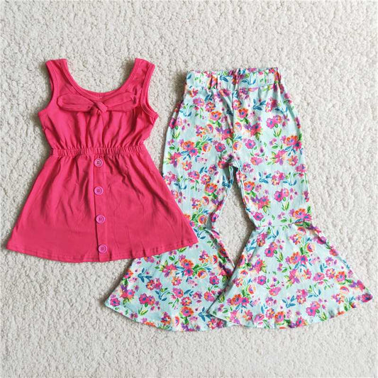 A18-11 Rose red double shoulder top with flowery wide flared pants