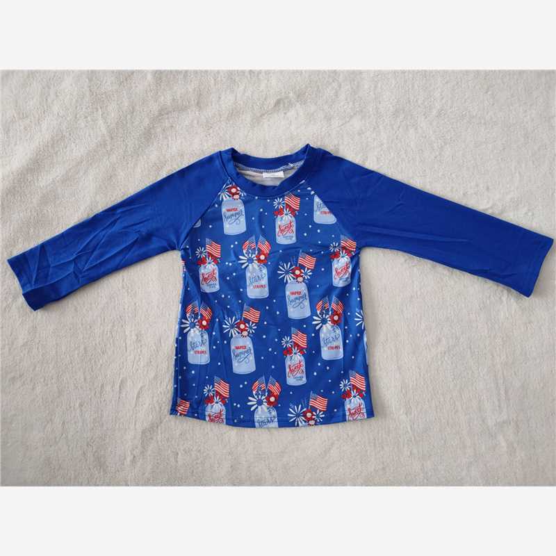 10.13 RTS NO MOQ （In stock）G3-16-6 Baby Boys Long Sleeve Top Vase Flag Blue Long Sleeve Top