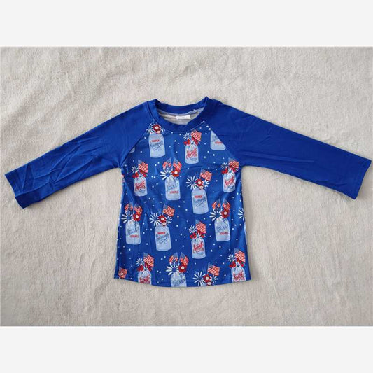 10.13 RTS NO MOQ （In stock）G3-16-6 Baby Boys Long Sleeve Top Vase Flag Blue Long Sleeve Top