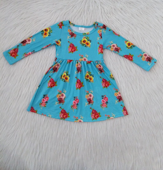9.20 RTS NO MOQ（In stock）G1-3-2..' Baby Girls Winter Dress Floral blue long-sleeved dress