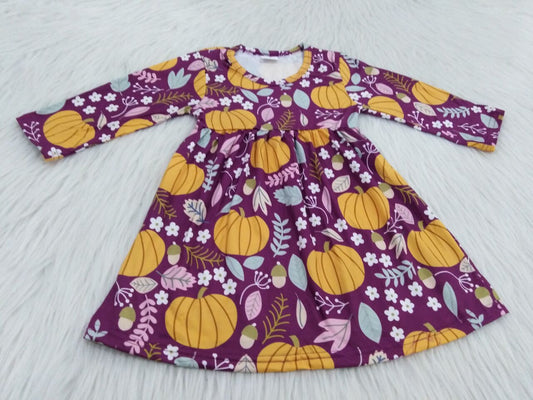 9.17 RTS NO MOQ（In stock）G1-3-4* Baby Girls Winter Dress Baby Girls Leaf Pumpkin Long Sleeve Dress