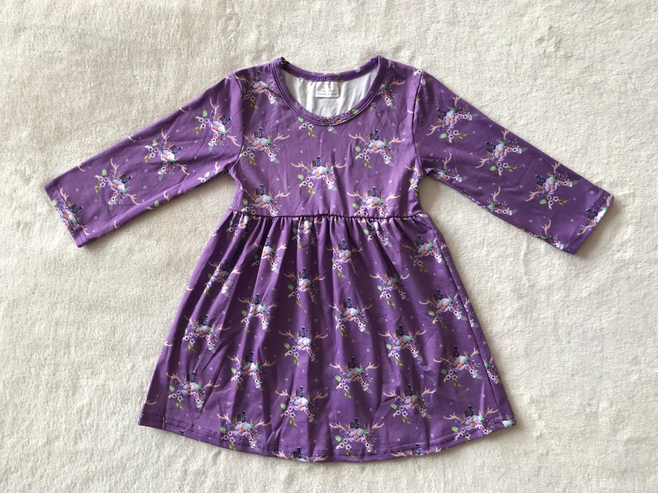 9.24 RTS NO MOQ（In stock）G3-16-5;;. Baby Girls Winter Dress Purple Flower Horn Long Sleeve Dress