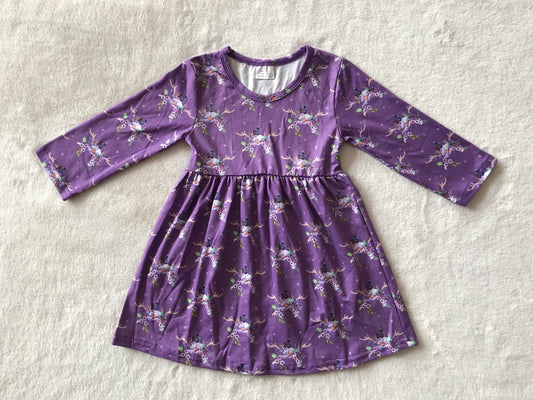 9.24 RTS NO MOQ（In stock）G3-16-5;;. Baby Girls Winter Dress Purple Flower Horn Long Sleeve Dress