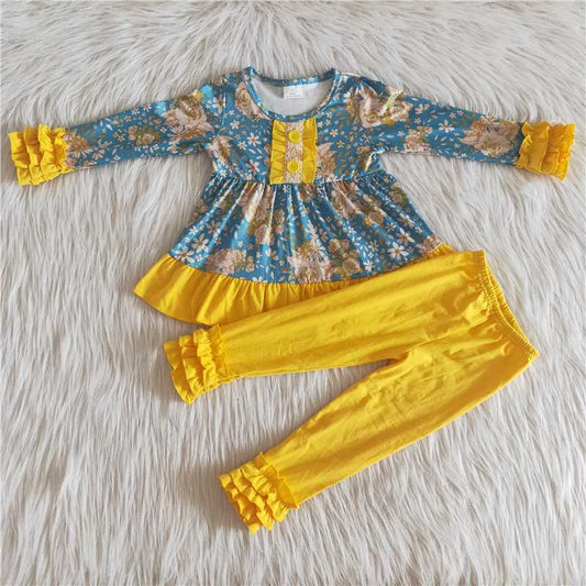 6 A33-17Yellow floral tunic icing ruffle leggings kids boutique clothing