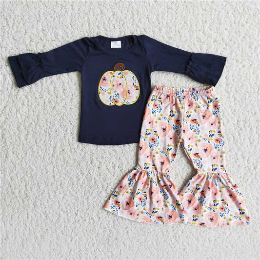 6 A9-15Girl Embroidery Pumpkin Floral Outfit