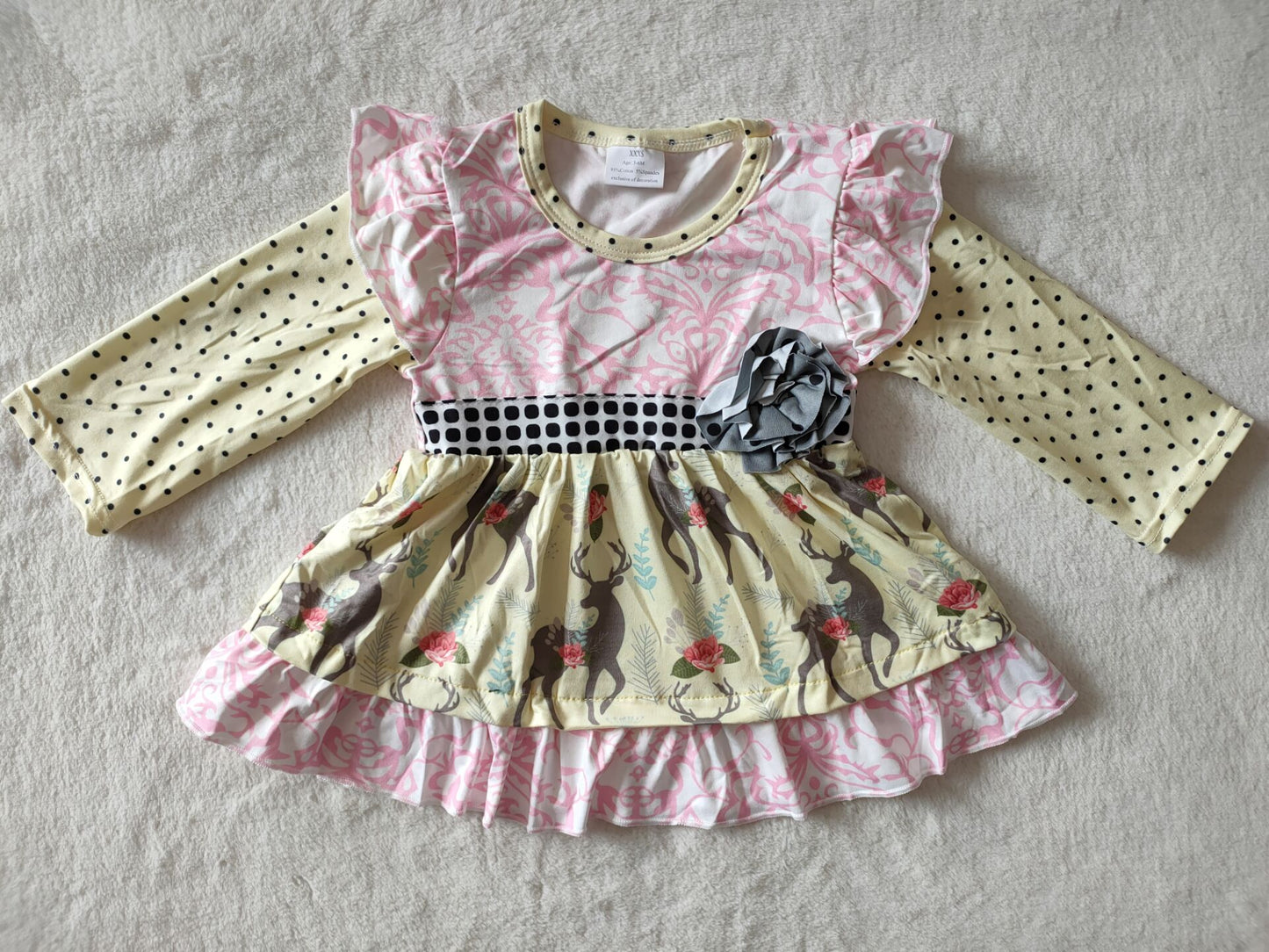 10.11 RTS NO MOQ（In stock）G3-4-1 Baby Girls Winter Dress Elk Polka Dot Yellow Skirt