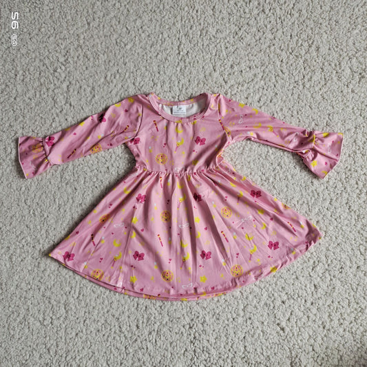 9.26 RTS NO MOQ（In stock）G3-12-/4 Baby Girls Winter Dress Pink long-sleeved dress with bow, stars and moon