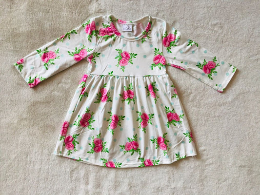 9.24 RTS NO MOQ（In stock）G3-12-4【.】Baby Girls Winter Dress Pink flower and green leaf long-sleeved dress