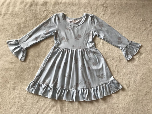 9.29 RTS NO MOQ（In stock）G3-12-6;. Baby Girls Winter Dress Gray floral light blue long-sleeved dress