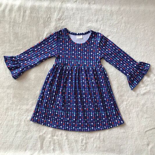 9.23 RTS NO MOQ（In stock）G3-12-6'* Baby Girls Winter Dress Dark blue long-sleeved dress with colorful pendants