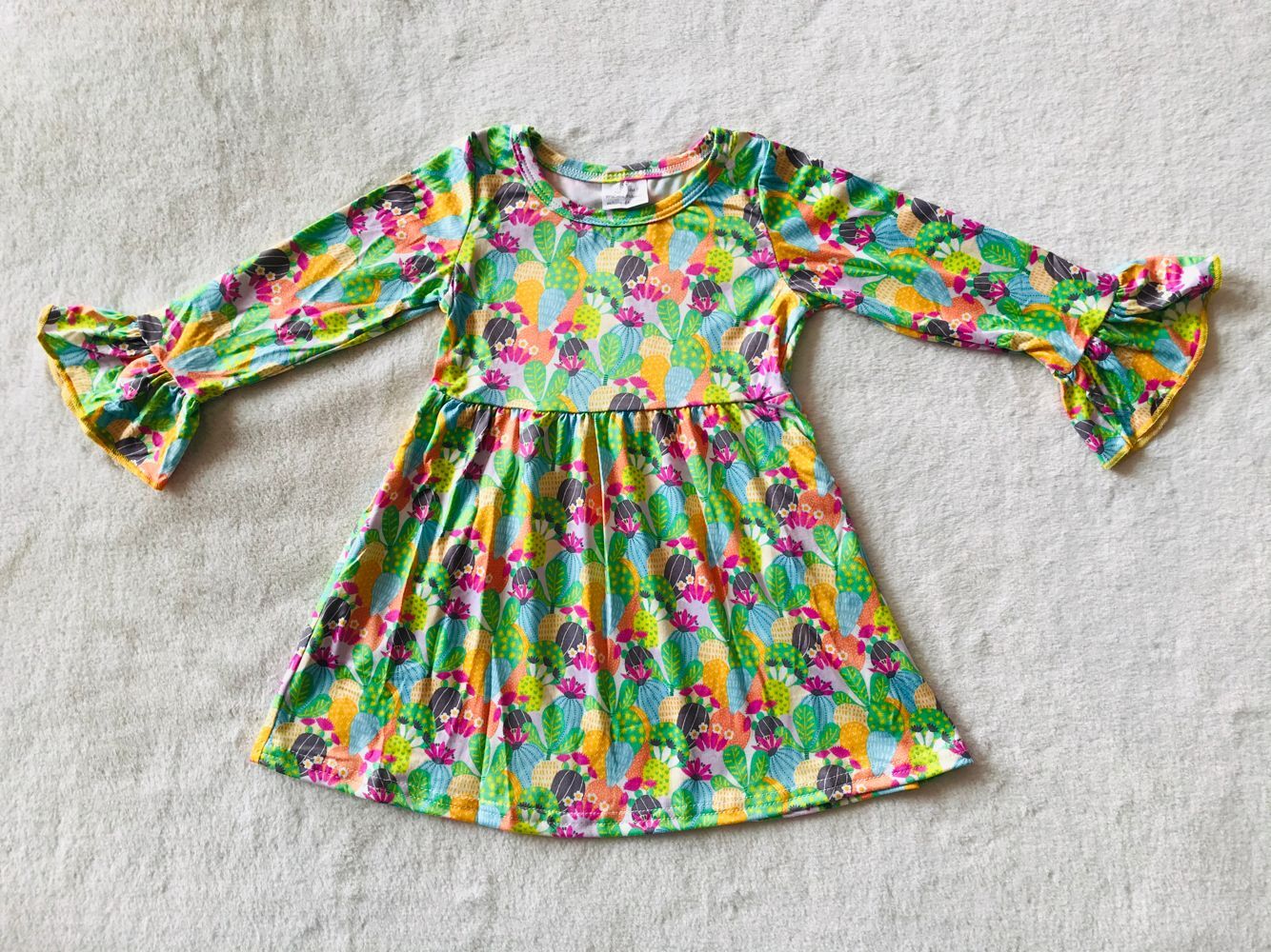 9.23 RTS NO MOQ（In stock）G3-4-6// Baby Girls Winter Dress Colorful cactus flower long-sleeved dress