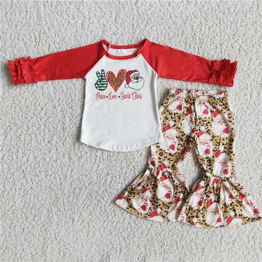 6 A13-5 Santa Claus Love Hand Sign Red Long Sleeve Leopard Print Flared Pants Suit