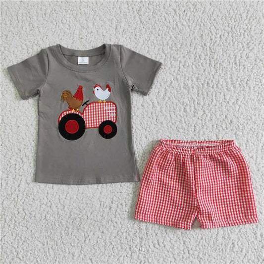 C6-4 Boys Kids chicken farm embroidered summer shorts sets