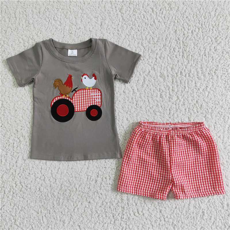 C6-4 Sales New RTS No Moq Promotion Boys Kids chicken farm embroidered summer shorts sets