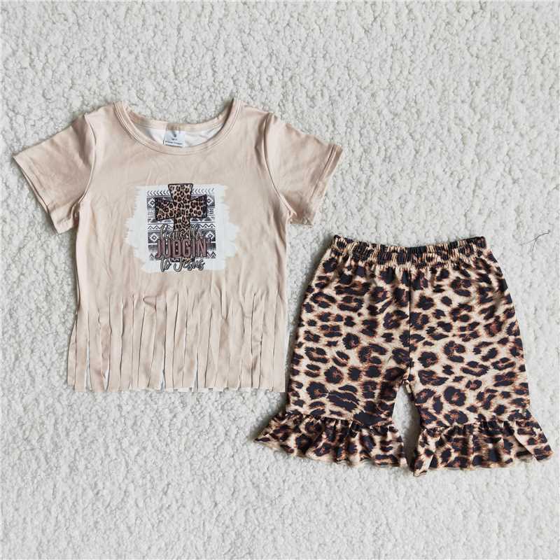 A16-11 Girls Easter Tassel Cross Leopard Print Shorts Set