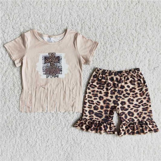 A16-11 Girls Easter Tassel Cross Leopard Print Shorts Set