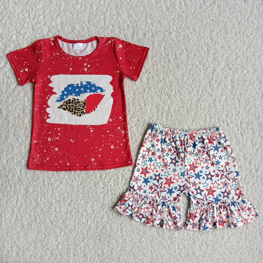 B18-15 4th of July Girls Red Lips Blue Stars Girl Set