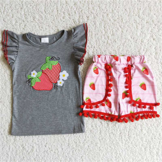 Baby girls strawberry grey embroidered ruffle shorts summer sets