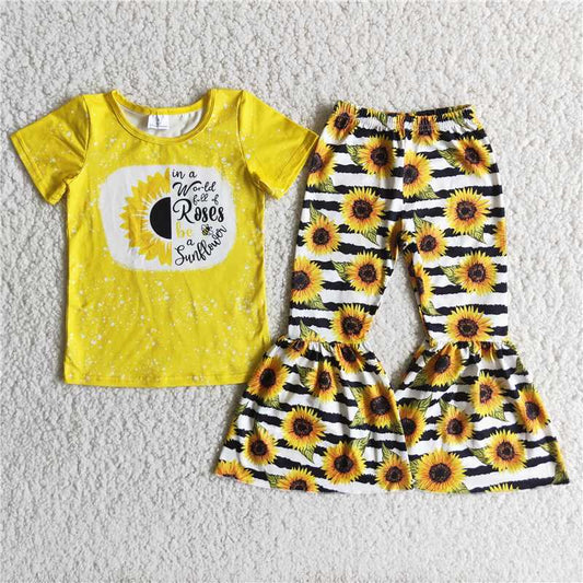C12-12 Yellow sunflower short-sleeved sunflower striped flared pants suit