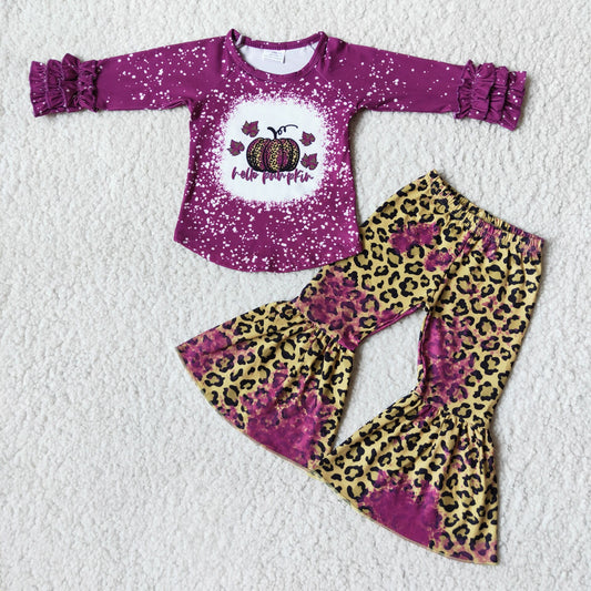 6 B8-2Hello pumpkin bleached shirt leopard pants girls fall clothing