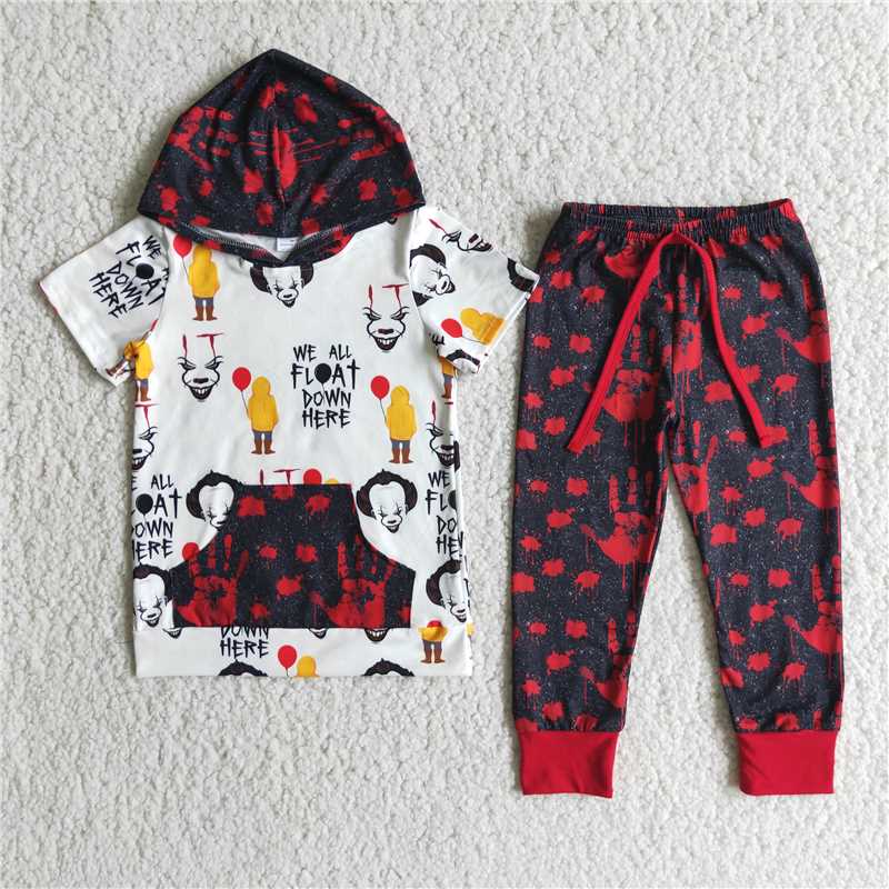 E2-18 Halloween clown hooded short-sleeved top with red palm pants set