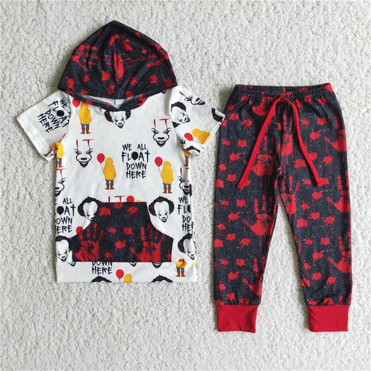 E2-18 Halloween clown hooded short-sleeved top with red palm pants set