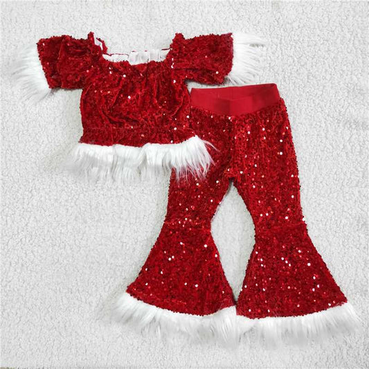 C7-23  Baby Girls red Christmas sequin fur pants sets
