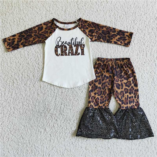 6 B2-14Beautiful crazy leopard shirt black sequin pants girls boutique outfits