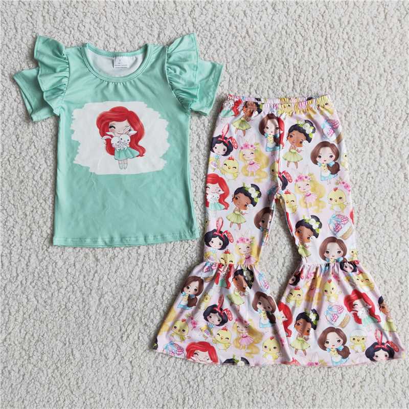 D3-4 Easter bunny princess blue short-sleeved trousers set