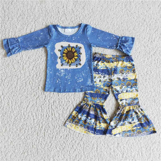 6 A26-4Sunflower print shirt bell bottom pants girls boutique clothing