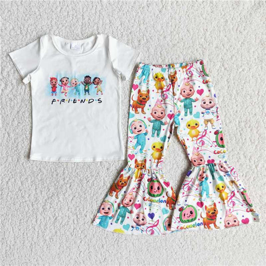 E13-4 Friends white shirt bell bottom pants toddler girls clothing set