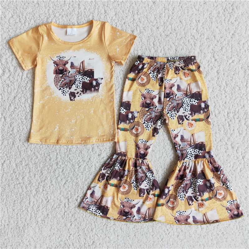E13-17 Baby girls cowboy western cow bell bottom pants clothing sets
