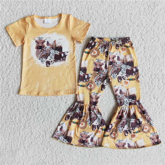 E13-17 Baby girls cowboy western cow bell bottom pants clothing sets