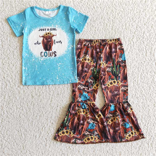 B0-3 A girl who loves cows baby children western bell pants clothing sets