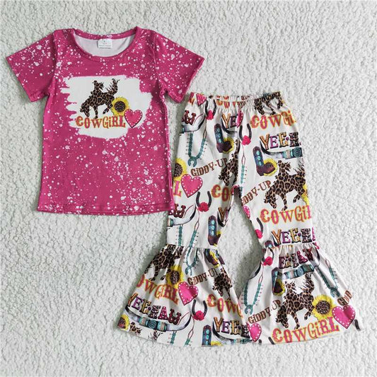 C1-27 Baby Girls cowgirls short sleeve shirt top bell pants clothing sets