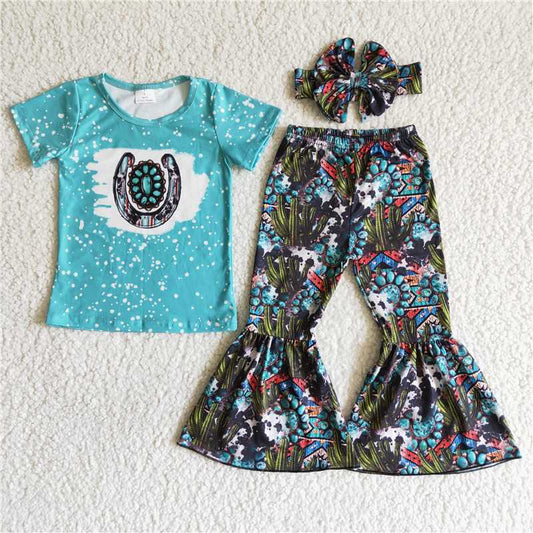 C1-25 Baby Girls green horse shoe western bell pants outfits clothes sets